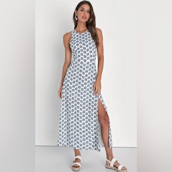 Lulus Flirty Fave Ivory Floral Print Tie-Back Midi Dress size dress size medium - Picture 3 of 10